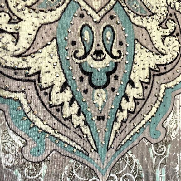 One World Teal Embellished Print Round Neck & Hem line 3/4 Sleeve Pullover Top L - Picture 6 of 6